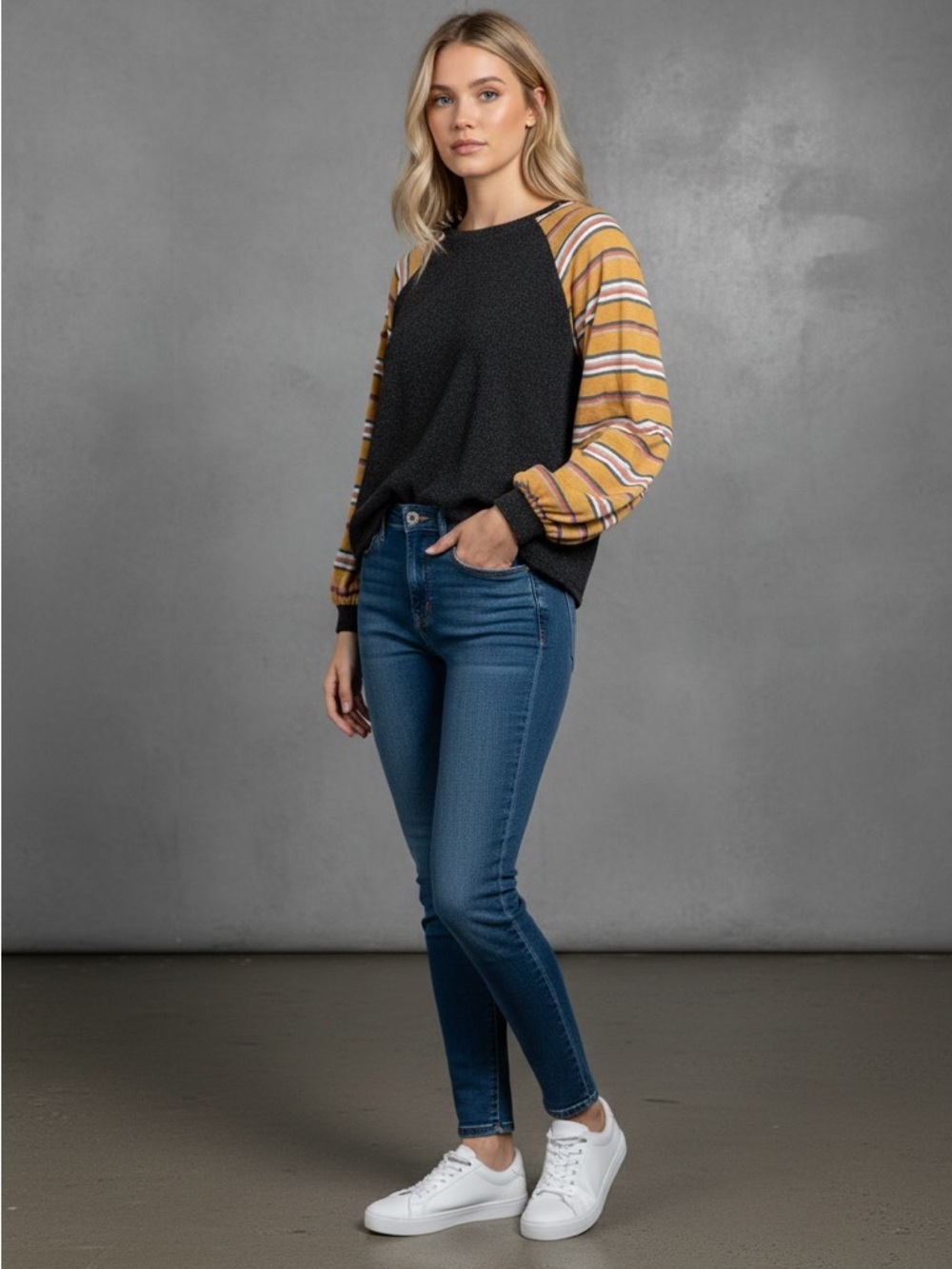Haptics Colorblock Raglan Top Small Mustard Stripe Balloon Sleeve Lightweight